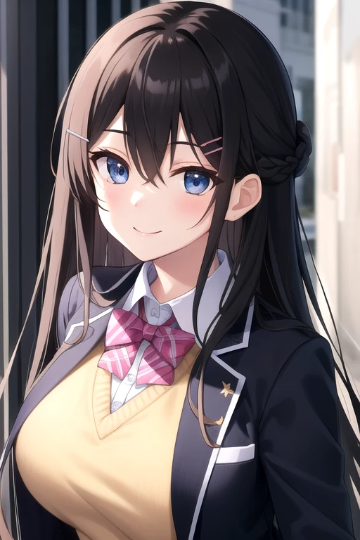 ((masterpiece)),(best quality),official art,extremely delicate and beautiful,extremely detailed CG,unity 8k wallpaper,ultra detailed,beautiful detailed eyes,extremely detailed face,outdoors,1girl,solo,upper body,(portrait:1.5),looking at viewer,facing viewer,smile,Tsukino Mito,very long hair,black hair,french braid,hair ornament,hairclip,hair between eyes,parted bangs,blue eyes,school uniform,black jacket,blazer,wing collar,pink bowtie,yellow sweater vest,white shirt,collared shirt,dress shirt,large breasts,skindentation,long sleeves,miniskirt,black skirt,plaid skirt,pleated skirt,frilled skirt,zettai ryouiki,white thighhighs,loafers,<lora:Tsukino Mito(vl)>,