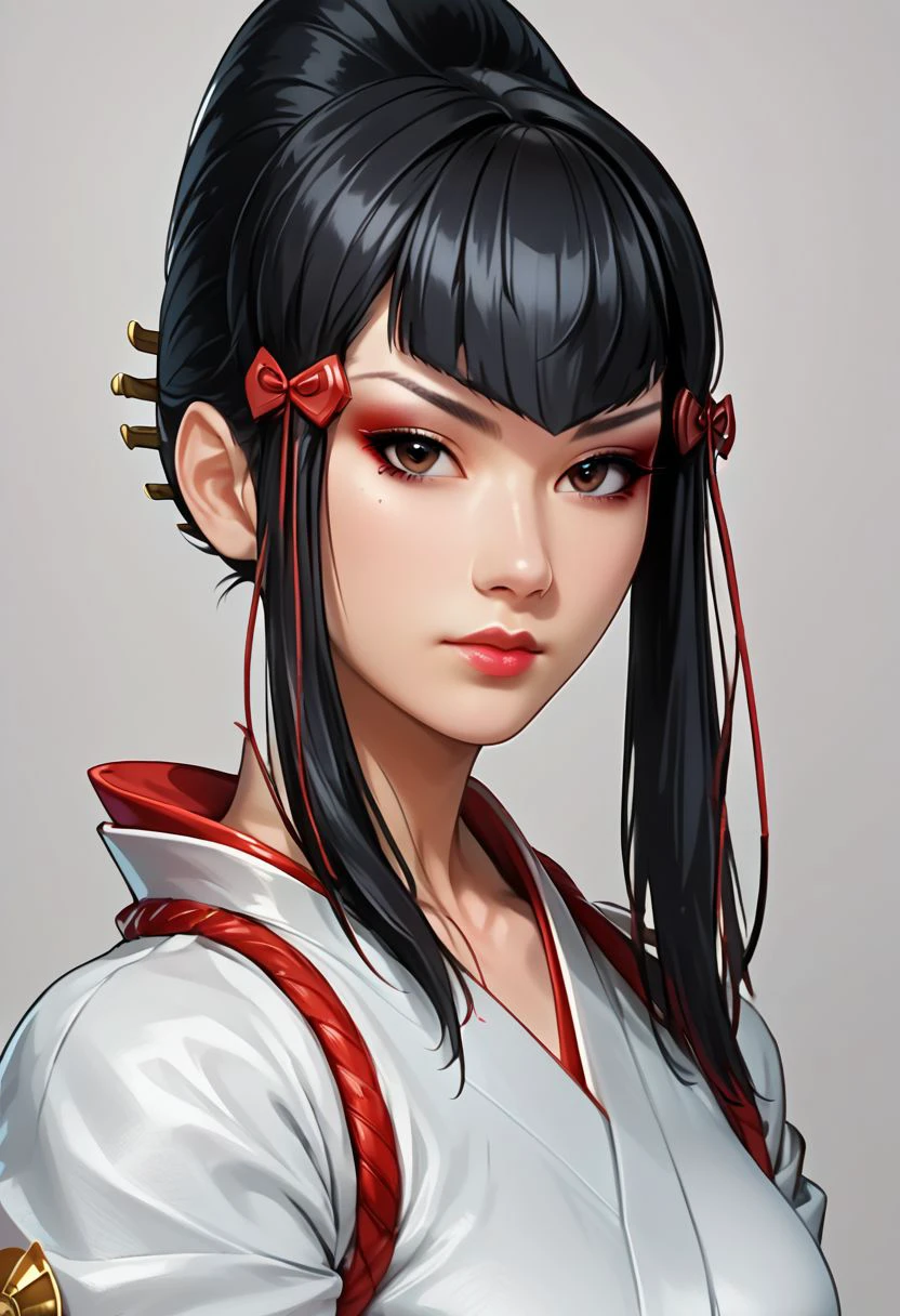 score_9, score_8_up, score_7_up,derpibooru_p_95, 
source_anime, very aesthetic, anime screencap, anime coloring, 
kazumi mishima, kazumi mishima \(tekken\),kazumi mishima kimono \(tekken\), 1girl, solo, long hair, breasts, looking at viewer, bangs, black hair, brown eyes, closed mouth, upper body, japanese clothes, grey background, lips, makeup, realistic, nose, eyeliner