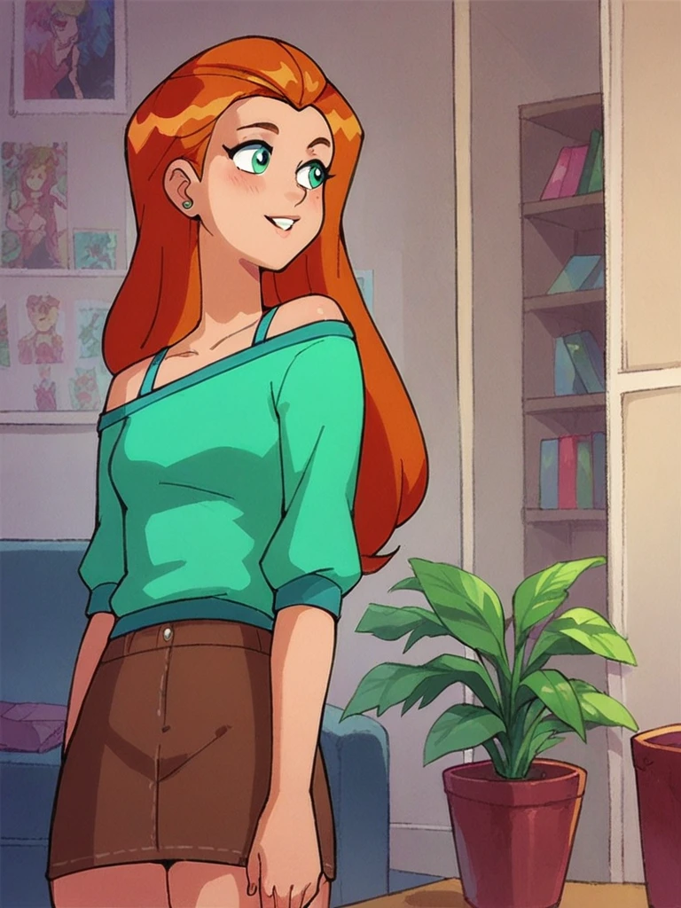 score_9, score_8_up, score_7_up, 
1girl, sam ts, long hair, orange hair, green eyes, 

green shirt, off-shoulder shirt, bra strap, standing, indoors, brown skirt,