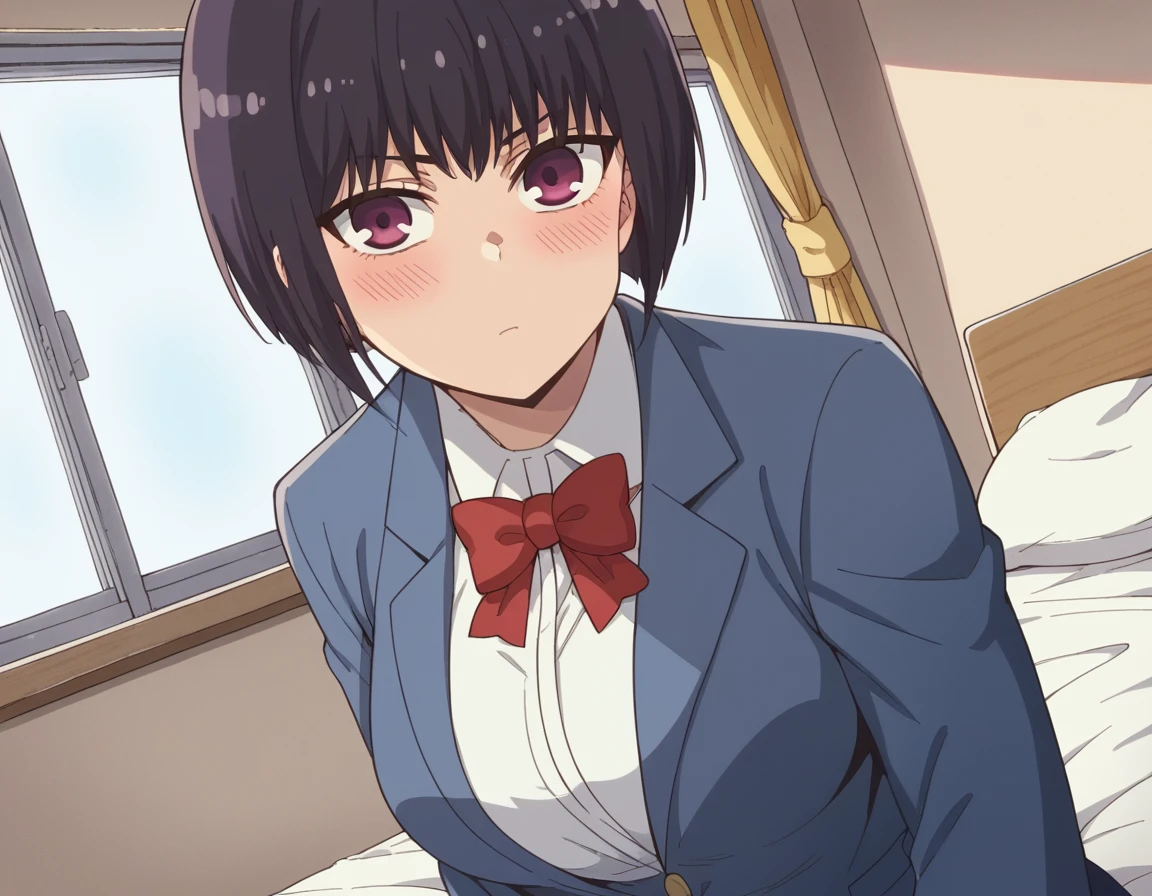 score_9, score_8_up, score_7_up, source_anime,
hanasunomiya, <lora:hana-sunomiya-s2-ponyxl-lora-nochekaiser:1>,
hana sunomiya, short hair, bangs, black hair, purple eyes, pixie cut, large breasts,
shirt, bow, school uniform, white shirt, collared shirt, bowtie, red bow, red bowtie, jacket, blazer, skirt, blue skirt,
indoors, bed, bed room, on side, blush, drunk,
looking at viewer, cowboy shot, solo, dutch angle,