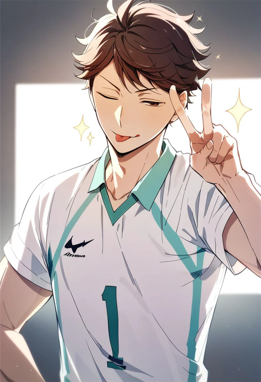 1boy, solo, male focus, oikawa_tooru, volleyball uniform, white shirt, short sleeves, upper body, tongue out, one eye closed, v, hand up, sparkle, (SuperQuality), best quality, masterpiece