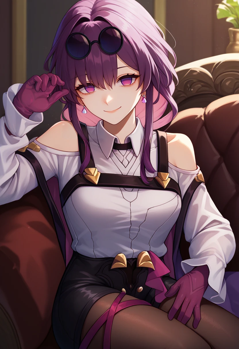 score_9, score_8_up, score_7_up, solo, 1girl, kafkadef, smile, looking at viewer, sitting, couch, sunglasses, pince-nez, eyewear on head, purple eyes, no pupils, white shirt, collared shirt, shoulder cutout, long sleeves, chest harness, purple gloves, black shorts, high-waist shorts, pantyhose under shorts, earrings, bare shoulders, indoors <lora:hsr_kafka_ponyXL_1:1>