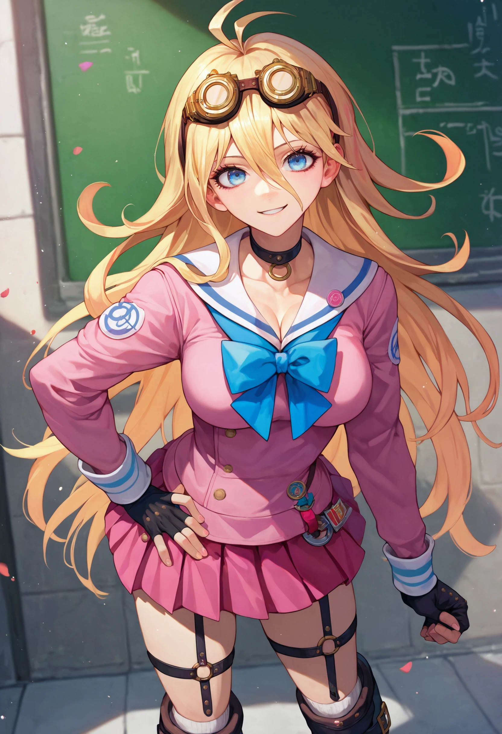 score_9_up score_8_up score_7_up, 1girl, standing, hand on hip, smile
BREAK
score_9_up score_8_up score_7_up, iruma miu default, 1girl, long hair, blonde hair, goggles on head, antenna hair, goggles, hair between eyes, blue eyes, bangs, ahoge, breasts, cleavage, pink skirt, skirt, choker, knee boots, black footwear, large breasts, pink shirt, o-ring, school uniform, black gloves, fingerless gloves, black choker, bow, collarbone, sailor collar, long sleeves, serafuku, blue bow, white socks, thigh strap, garter straps
 <lora:danganranpa_v3_pony_d16:1>