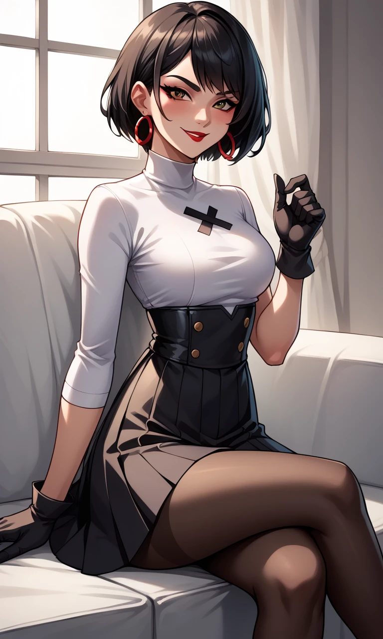 score_9, score_8_up, score_7_up, score_6_up, source_anime, BREAK masterpiece, EvieSyn, short hair, hoop earrings, brown eyes, white turtleneck, black skirt, gloves, asymmetrical sleeves, long sleeve, short sleeve, pantyhose,  smirk, sitting, looking at viewer, leaning on hand, black couch, white walls, crossed legs, red lipstick, 