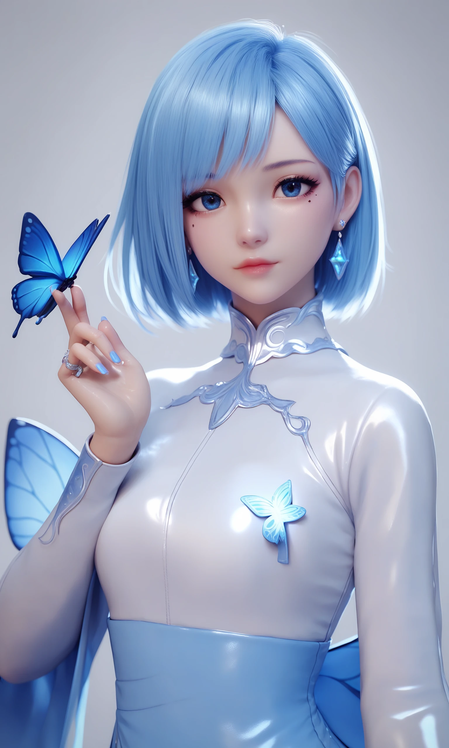 core_9,score_8_up,score_7_up,score_6_up,score_5_up,score_4_up,shiny_skin,
blue butterfly,bug,butterfly,jewelry,solo,1girl,earrings,blue eyes,looking at viewer,blue nails,blue hair,nail polish,short hair,blue theme,portrait,long sleeves,upper body,butterfly on hand,ring,hand up,fingernails,mole,closed mouth,mole under eye,