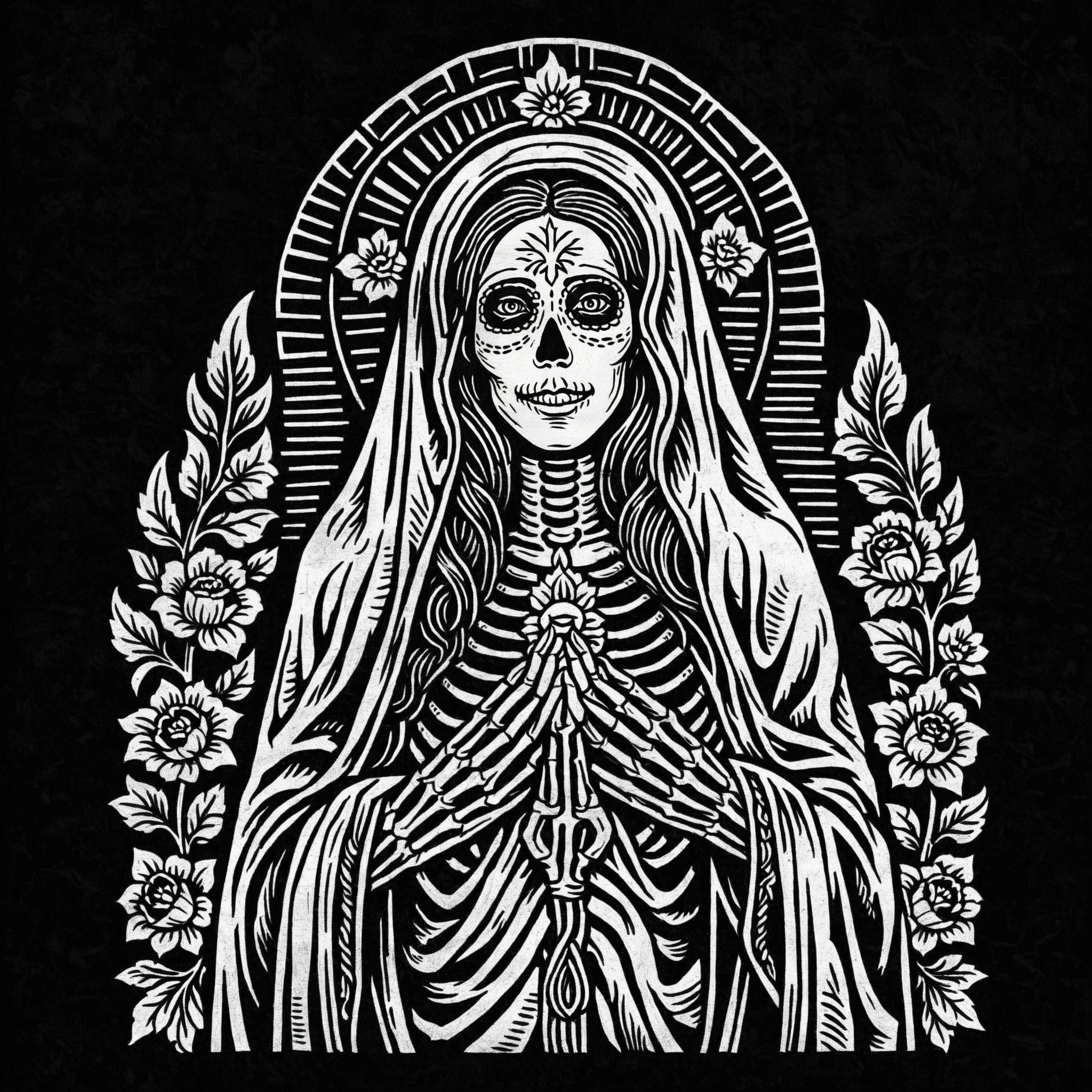 tcc_modernwoodcut, woodcut illustration of  virgin mary, Day of The Dead, skeleton, black background, detailed, engraving
 <lora:Modern_Woodcut:0.85>