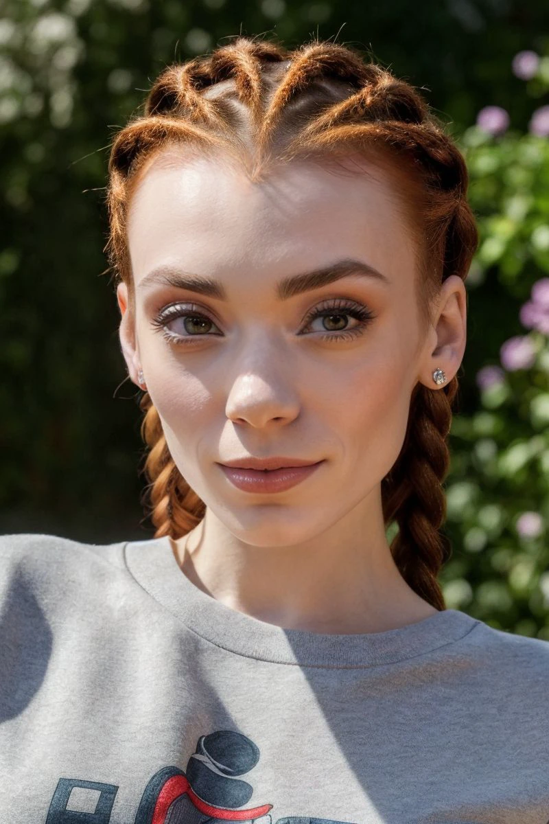 closeup headshot of S442_ArrielleEdwards,a beautiful woman,in a (garden:1.1),wearing a (crewneck),(braids),(4k, RAW photo, best quality, 50mm, depth of field, ultra high res:1.1),(intricate, photorealistic, cinematic-shot, masterpiece, ultra-detailed:1.1),