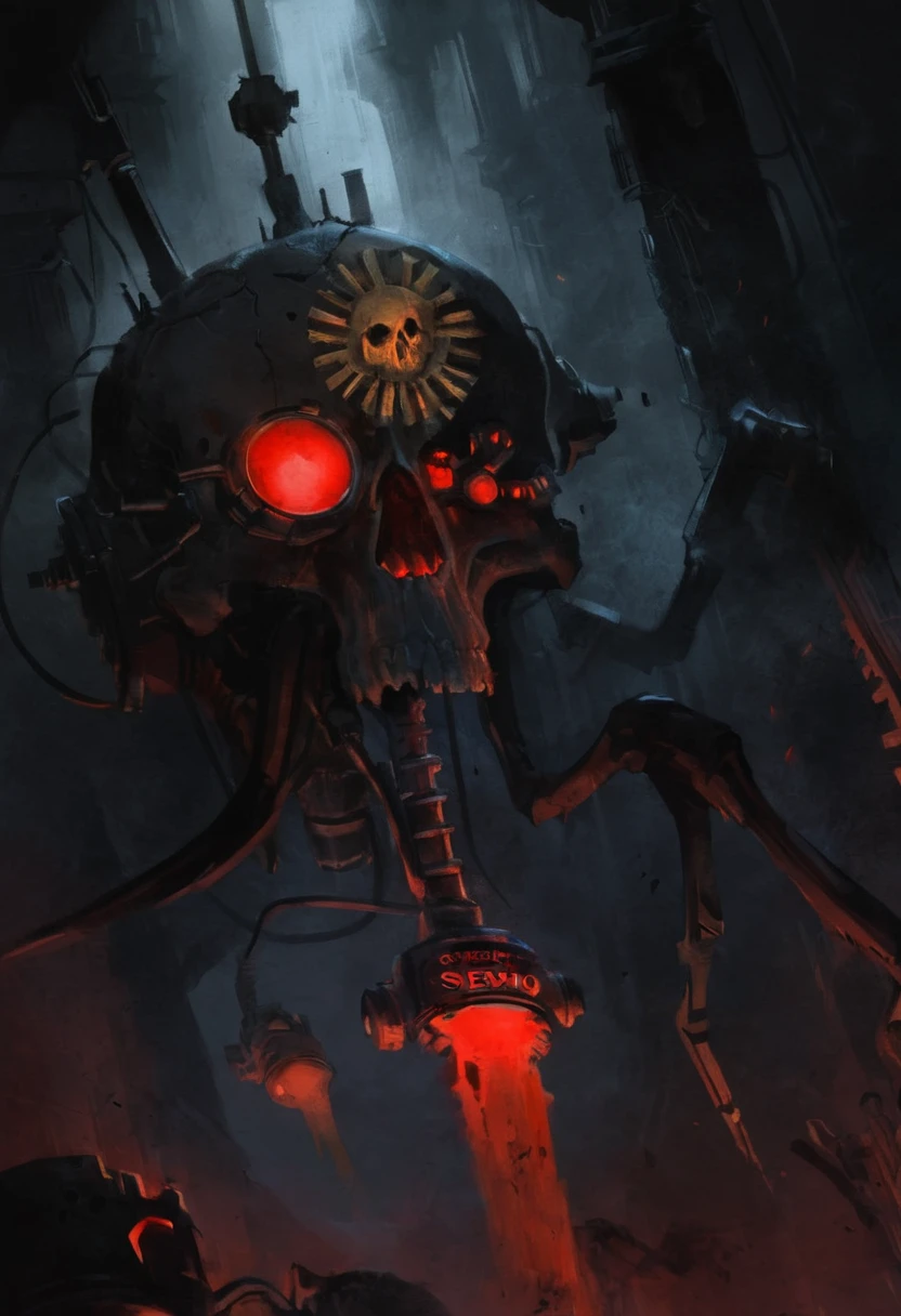 A digital painting of a servo-skull, floating, grimdark gothic interior, mechanical parts, voxbox, red eyes, glowing, low lighting, gritty,
 <lora:Servo-Skull:1>