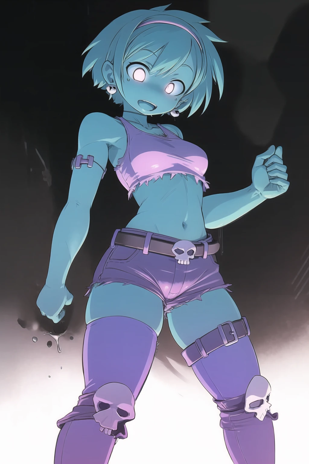 masterpiece, best quality, <lora:add_detail:0> <lora:LowRA:0.6> <lora:GoodHands-vanilla:1>, low key, flat color, colorful, indoors, living room, night, wide windows, (1girl), (solo), looking at viewer, facing viewer, blush, excited, seductive smile, <lora:Disgaea-NAI-LyCORIS-R8:0.6>, Disgaea(Senkai Makai Disgaea), Valkyrie, short green pixie cut,headband,pointy ears,
VAtt,bare shoulders, brown belt,armored boots,bike shorts,midriff,beltbra,beltskirt, belt bracers, <lora:Valkyrie-10v2:0.7>