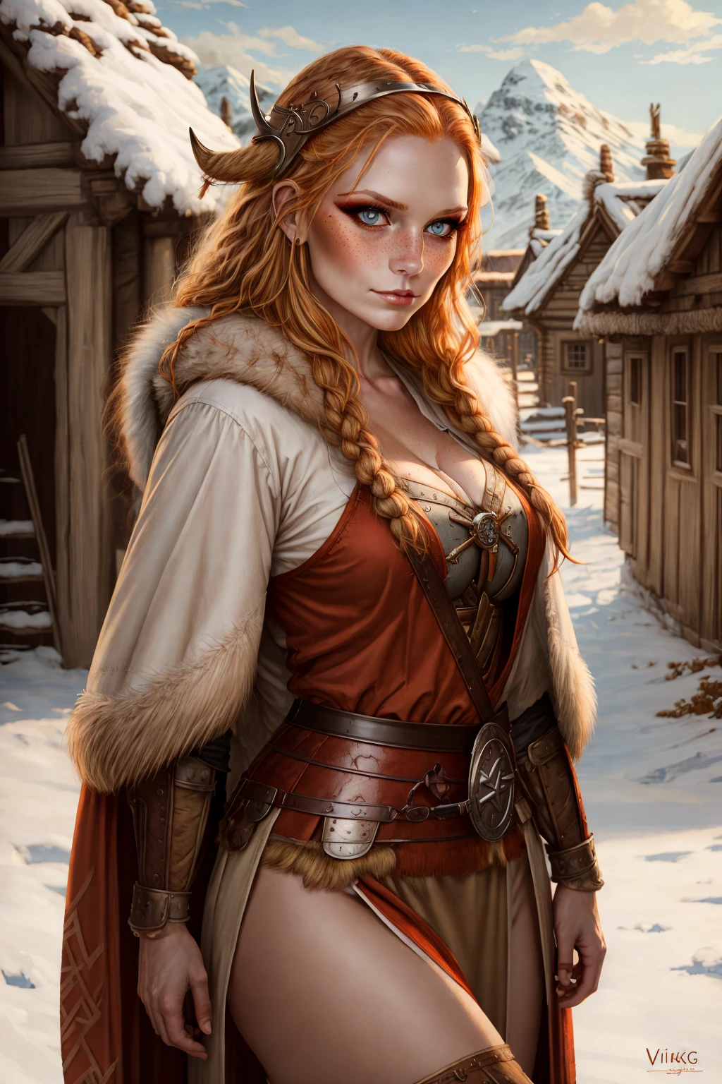 comic style, graphic novels illustration, professional, 4k, highly detailed, outline, Sketch, ((masterpiece)), UHD, HDR, best quality, beautiful woman, pretty eyes, cute, (medium shot),
long ((braided)) ginger hair, blue eyes, freckles, busty body, pale skin, outdoor viking village background, (((viking clothes, fur, viking queen, makeup))),
<lora:add_detail:0.7>
<lora:EnhancedDetail:0.7>
<lora:Gingerella:0.9>
