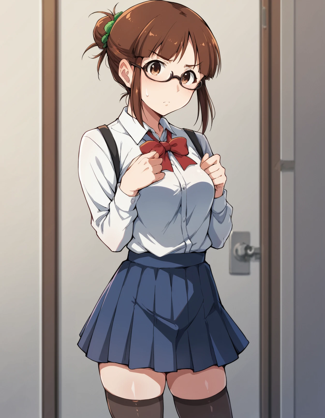 score_9, score_8_up, score_7_up, score_6_up, score_5_up, score_4_up,
BREAK
source_anime,1girl, solo, 
from front, standing,
shirt, skirt, thighhighs,
akizuki ritsuko, brown hair, single bun, brown eyes, glasses,
 <lora:Tetsuo Kun:0.7>