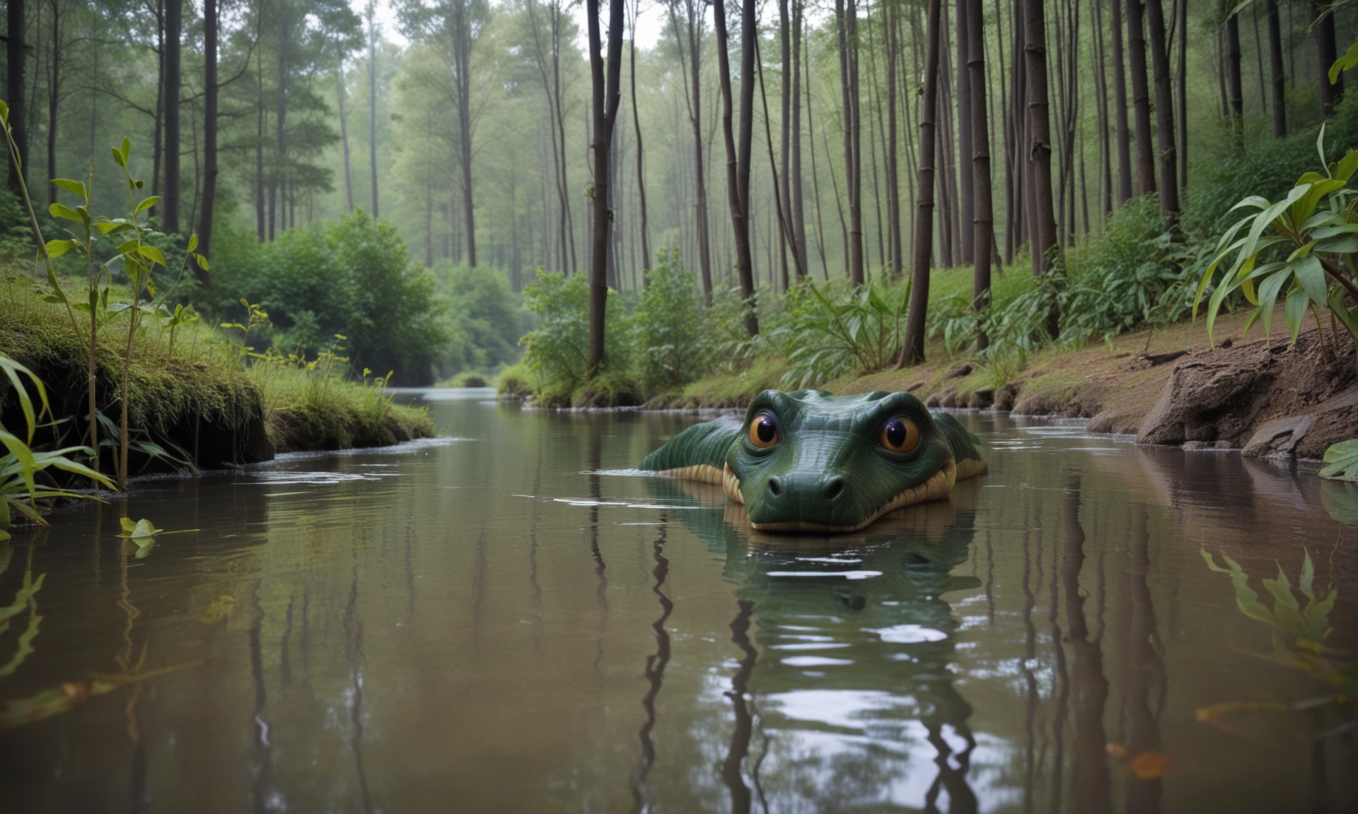 photo, (zac:1.2) partially submerged in a river in the rainforest, solo, 