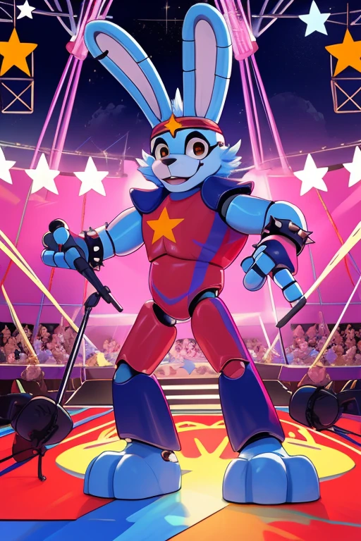 <lora:glambon-06:1> glambon, robot, ,, rabbit ears, furry, solo, star (symbol), jewelry, spiked bracelet, fingerless gloves, headband, blue skin, red swimsuit, navy shoulder pads, blue fur, extremely detailed background, 8k, fire play, at circus, main stage, standing on stage, dancing, holding microphone