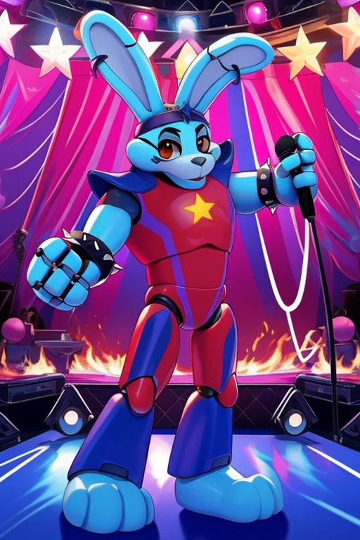 <lora:glambon-06:1> glambon, robot, ,, rabbit ears, furry, solo, star (symbol), jewelry, spiked bracelet, fingerless gloves, headband, blue skin, red swimsuit, navy shoulder pads, blue fur, extremely detailed background, 8k, fire play, at circus, main stage, standing on stage, dancing, holding microphone