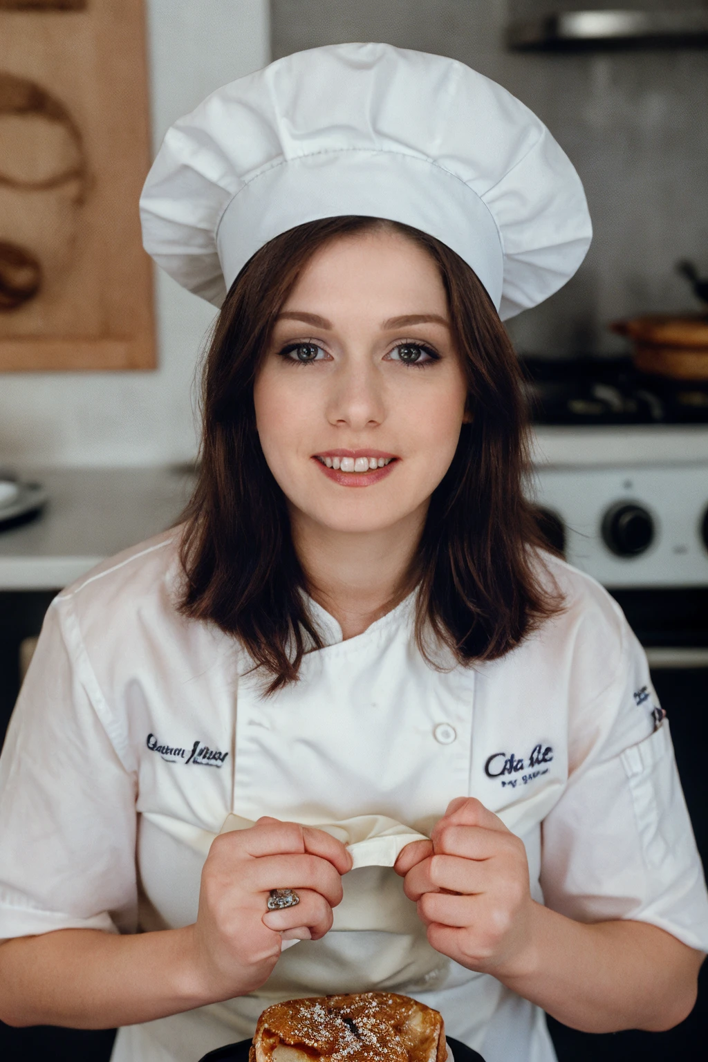 (masterpiece, solo, 1girl),(ultra detailed),RAW photo,subject,8k uhd,dslr,soft lighting,high quality,film grain,Fujifilm XT3,<lora:np:0.9>,nicole peters,cafe,closeup,portrait,short order chef,chef coat,chef hat,