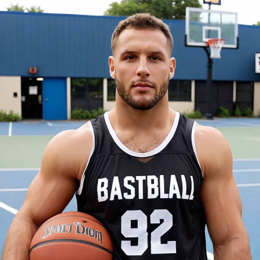 Hyperrealistic art half body photo of a n1ck a man,face focus, beard, wearing a basketball outfit, at a basketball court, looking at camera, <lora:nicksjug:.8> . Extremely high-resolution details, photographic, realism pushed to extreme, fine texture, incredibly lifelike