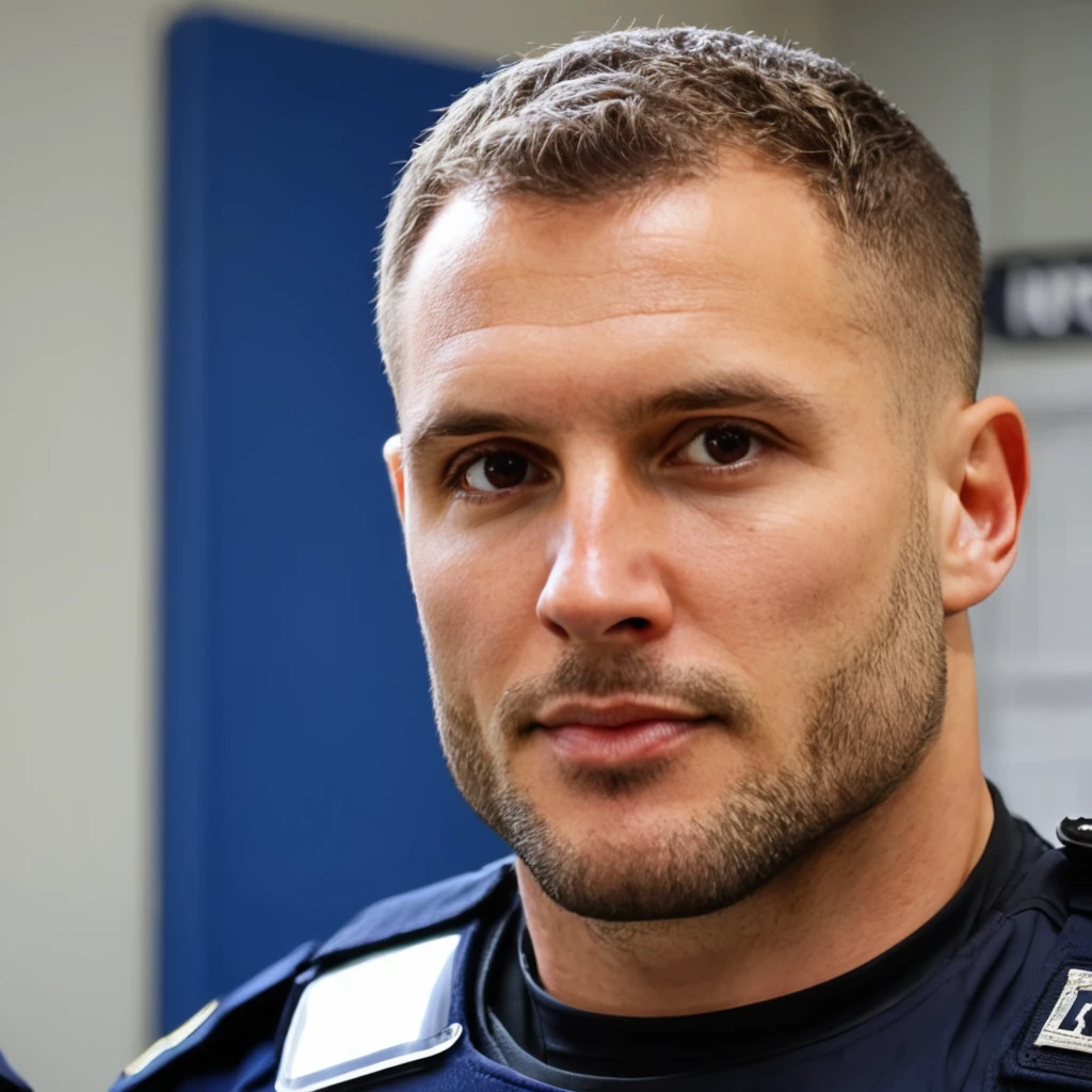 close-up photo of a n1ck a man, wearing a police outfit, at a police station, looking at viewer,  <lora:Nick_Bosa_SDXL_JugX_trigger_n1ck:.8>