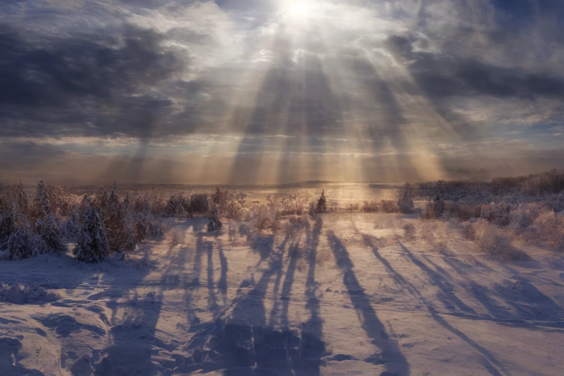 <lora:snowylandscape:1>  snowylandscape, long shadows, cloudy sky, pure winter, light rays