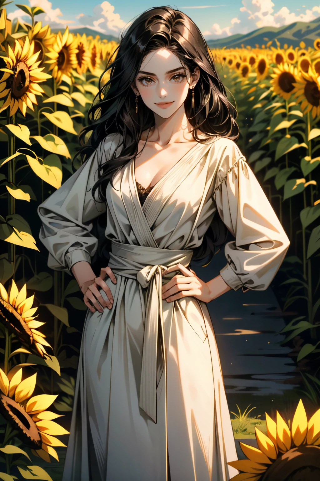 ((ultra detailed, masterpiece, absurdres))
 <lora:HRLauren:0.8>
HRLauren, 1girl, brown eyes, long hair, surrounded by sunflowers in a bright field, smiling, with hands on hips