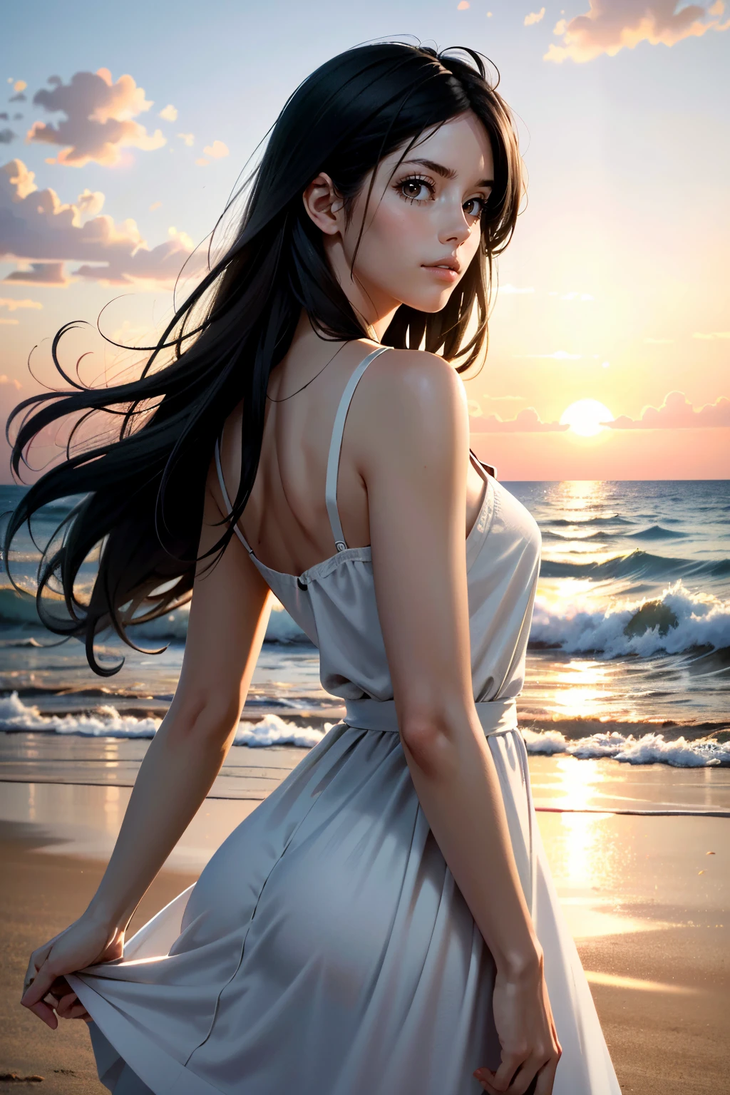 ((ultra detailed, masterpiece, absurdres))
 <lora:HRLauren:0.8>
HRLauren, 1girl, brown eyes, long hair, on a beach during a vibrant sunset, sundress, playing with the waves