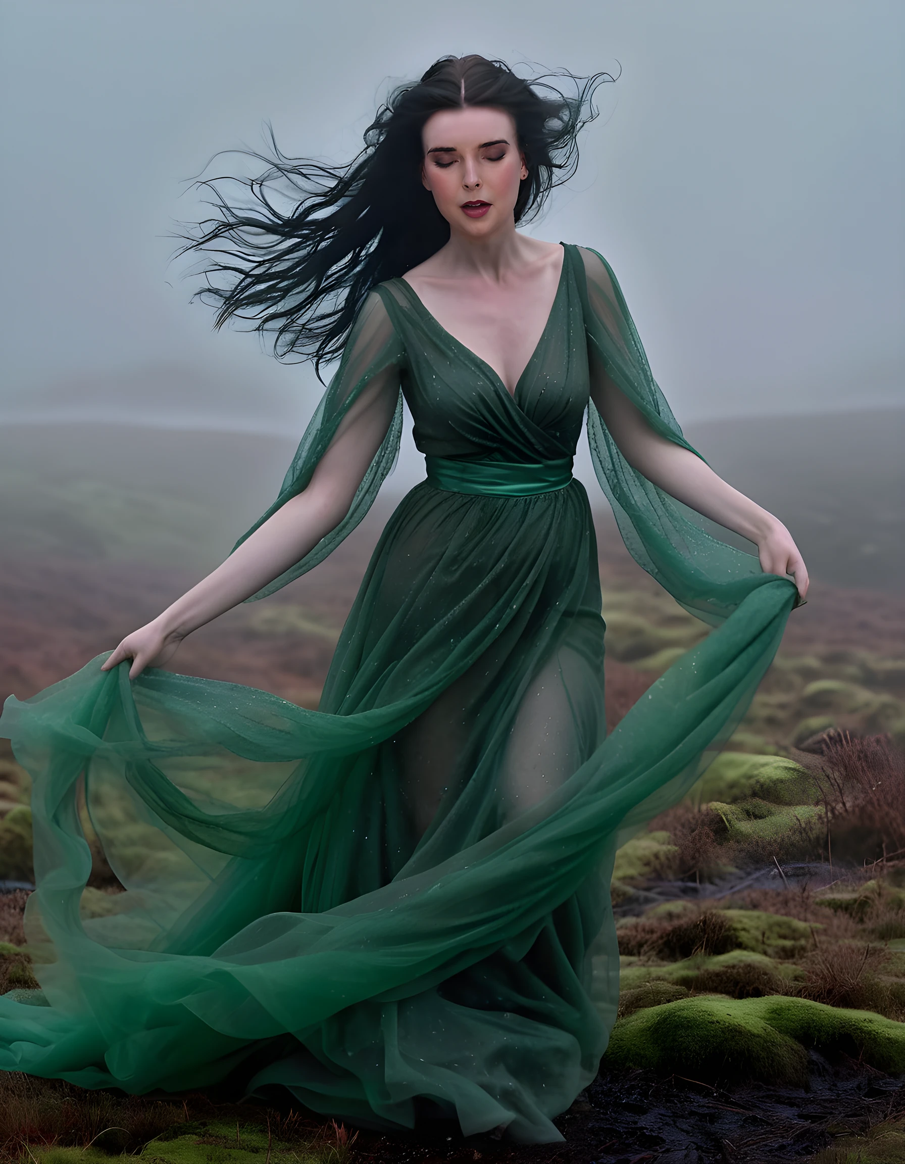 In the ethereal, moonlit embrace of a fog-shrouded Scottish moorland, stands Jade, her silhouette accentuated by the pulsing emerald glow of distant, otherworldly lights. Her raven hair whips wildly behind her as she defiantly faces the tempestuous winds, clad in a captivating silver gown that billows and dances around her like liquid shadows. The delicate fabric sweeps across the damp, moss-covered ground, leaving a shimmering trail in its wake, while her arms are crossed protectively over her chest, shielding herself from the biting chill that permeates the air. Her enigmatic face is illuminated by the flickering, ghostly glow of a nearby bonfire, casting an eerie, otherworldly pallor across her porcelain features and intensifying the piercing emerald of her eyes as she stands with an air of timeless sorrow and longing.