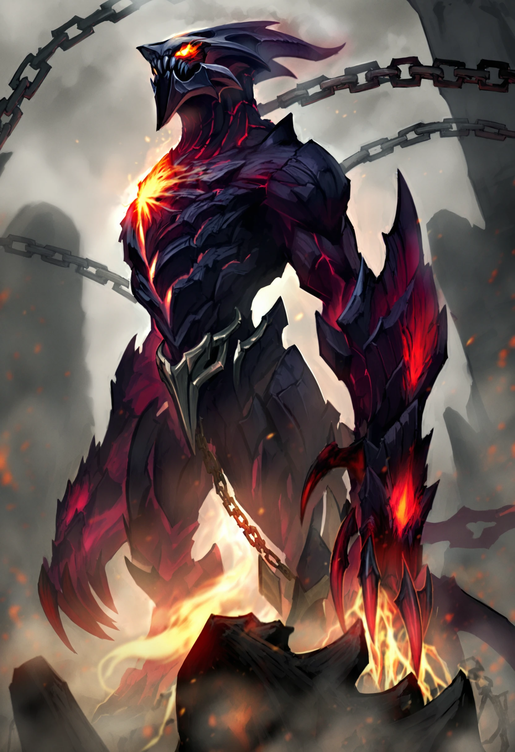 masterpiece, best quality, fire, glowing, chain, no humans, monster, glowing eyes, solo, claws, armor
<lora:lolXLlokr4f-000174:0.95>