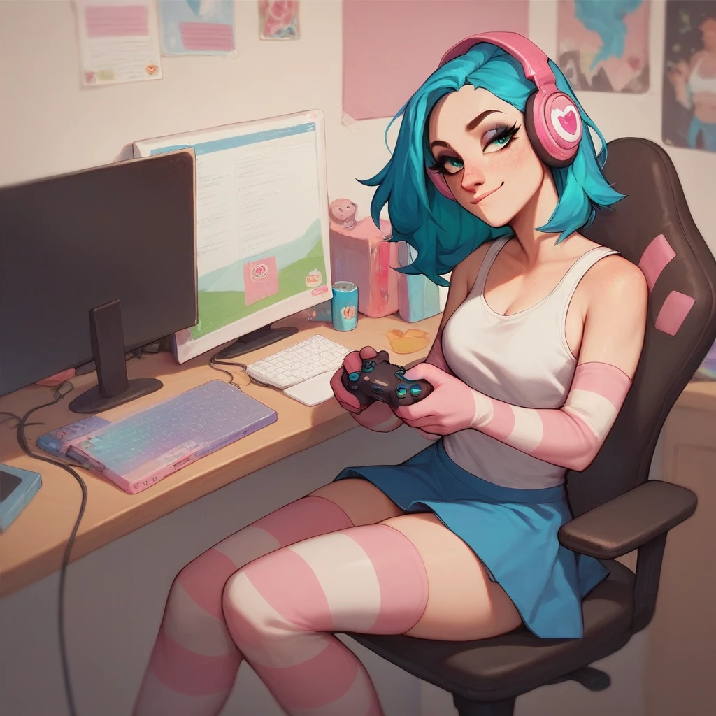 score_9, score_8_up, score_7_up, score_6_up,
dimly lit, computer chair, desk, bedroom, playing games, 
1girl, breasts, tank top, 
transgender pride colors,
elbow gloves, trans elbow gloves, striped gloves, thighhighs, skirt,
headphones, light smile, holding controller, 
<lora:trans_colors-v15:0.8>