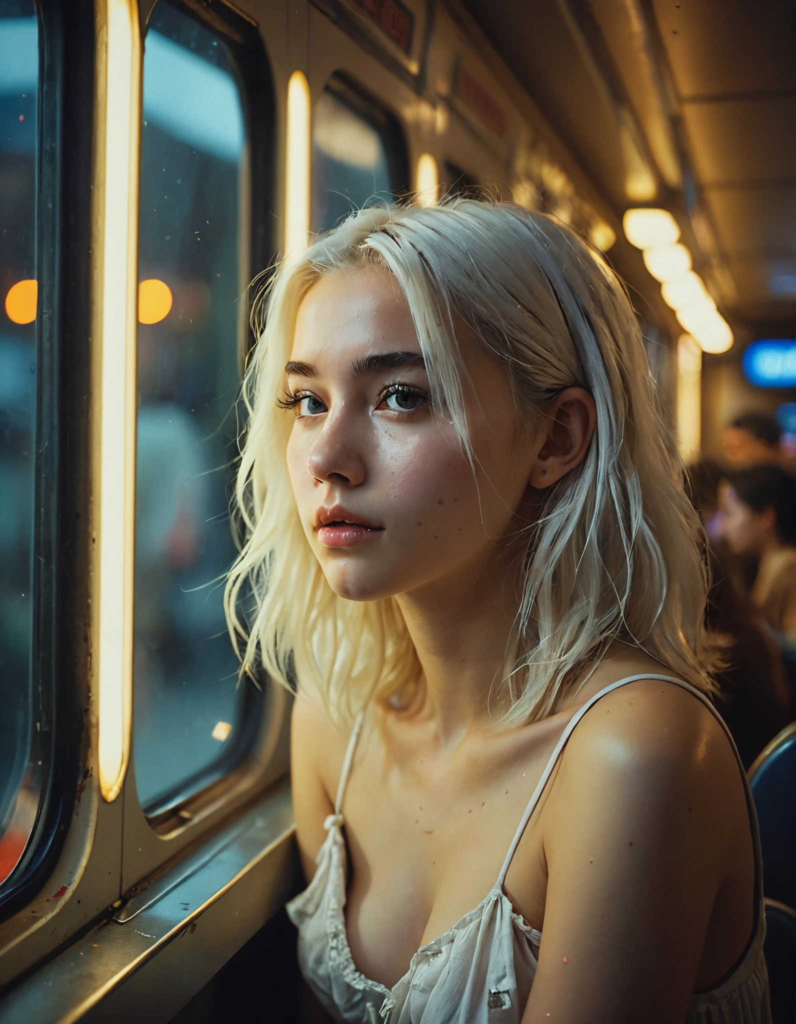 head leaning on window, award winning Photo of a young woman, white hair, as a tired party girl resting on a night train, after a night of partying in Japan, wearing casual party attire, and her makeup is slightly smudged, peaceful, late-night atmosphere, low neon pastel light, reflection in window, film grain, raw, night photography,