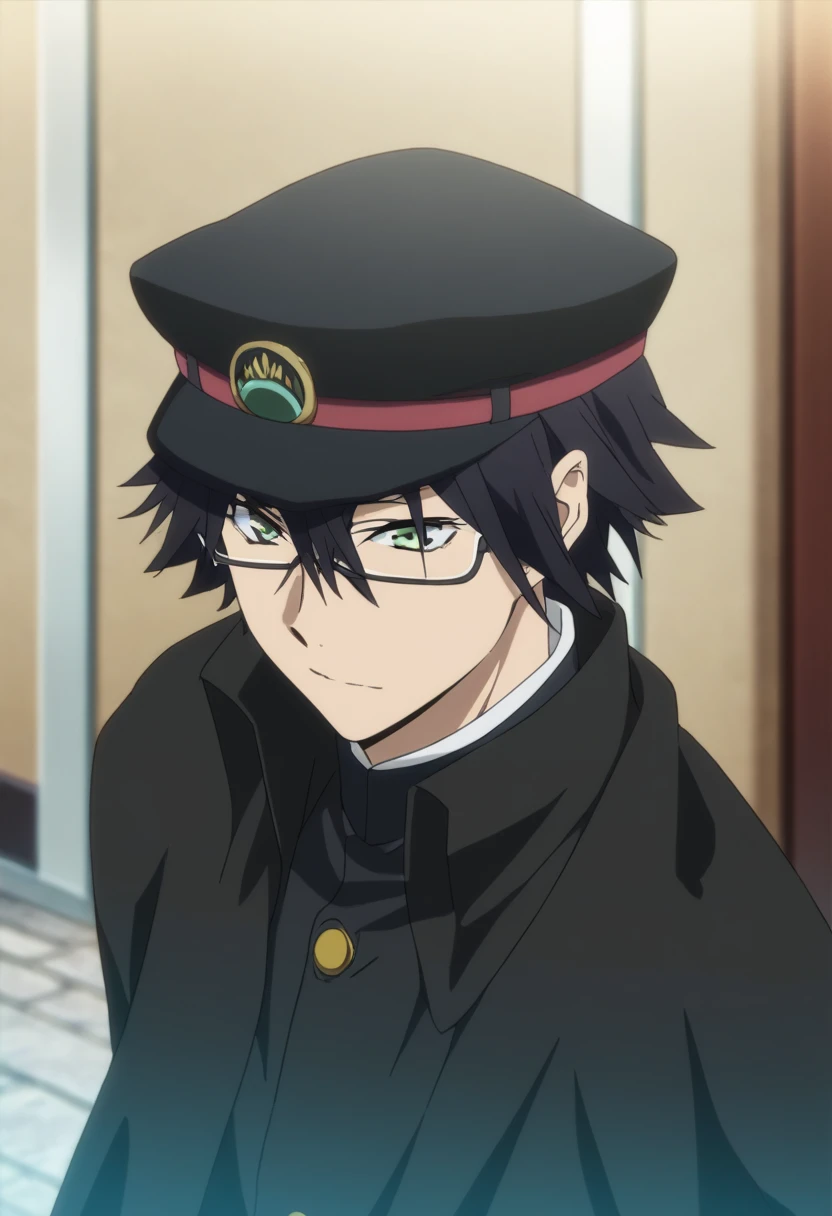 score_9, score_8_up, score_7_up, score_6_up, highly detailed, masterpiece, best quality,detailed,intricate details, amazing quality, best aesthetic, absurdres,source_anime,, ranpo edogawa, black hair, 1boy, male focus, solo, hat, glasses, gakuran, school uniform, happy, green eyes<lora:EMS-398896-EMS:1.000000>