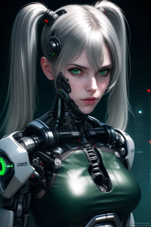 biomechanical cyberpun, high quality, high detail, one girl, grey hair, long hair, two pigtails, green eyes, sexy body, cyberpunk, lighting, dark tones, looking at viewer, dramatic, cybernetics, human-machine fusion, dystopian, organic meets artificial, dark, intricate, highly detailed