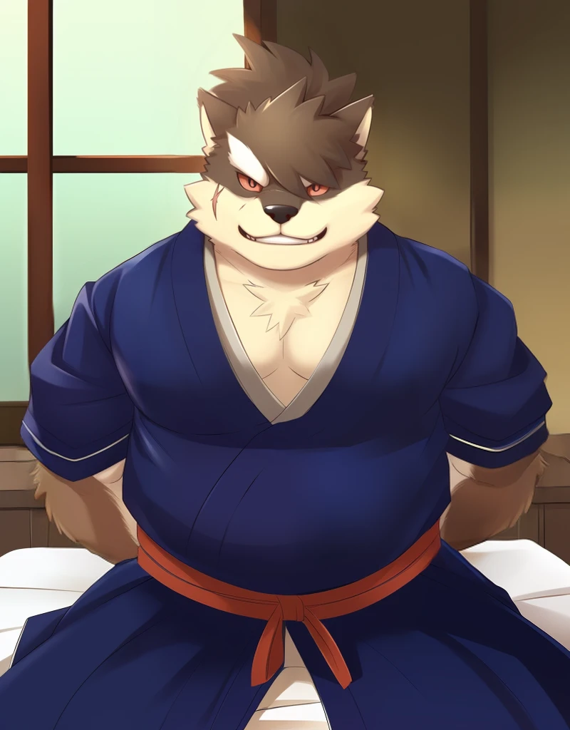 (((detailed eyes, detailed face))), (furry, shino  <lora:character_shino_findigo_v1:0.9>, two-tone fur, ponytail, dog boy, snout, black eyes, scar, tattoo, red sclera), male, (solo), (plump, fat, chubby, overweight), ((blue kimono:1.8, brown jacket), samurai, armor), spreading, (arms behind back), smile, (front view) BREAK (konzaburou, ukan_muri), bedroom, (flat shading, high brightness), 8k, UHD, masterpiece, (full body), (scar on face, scar on cheek, scar on chest, scar on arm, scar on nose)