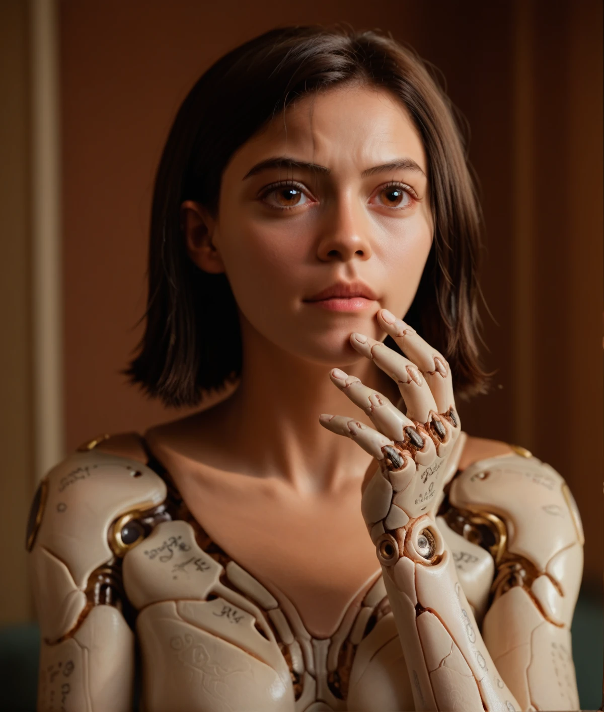 <lora:Alita:0.7> alita, cyborg, doll body, upper body image, brown eyes, face photo, hyper detailed, 1girl, solo, at night, cyberpunk, one hand on front of the face, open hand
sharp focus, score_9, score_8_up, score_7_up, score_6_up, score_5_up, score_4_up