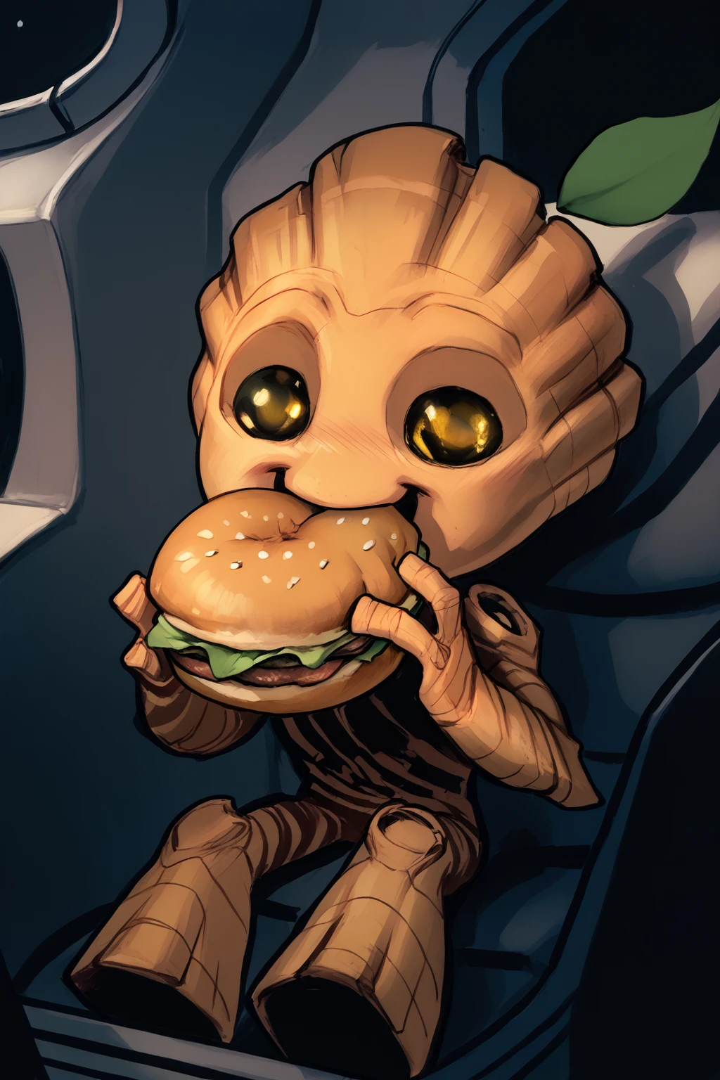 score_9, score_8_up, score_7_up, masterpiece, high quality, BREAK
<lora:BabyGrootPonyLoRA:1.2>bbgrt, pokemon (creature), no humans, leaf, yellow eyes, alien, cute, happy, in a spaceship, eating a hamburger