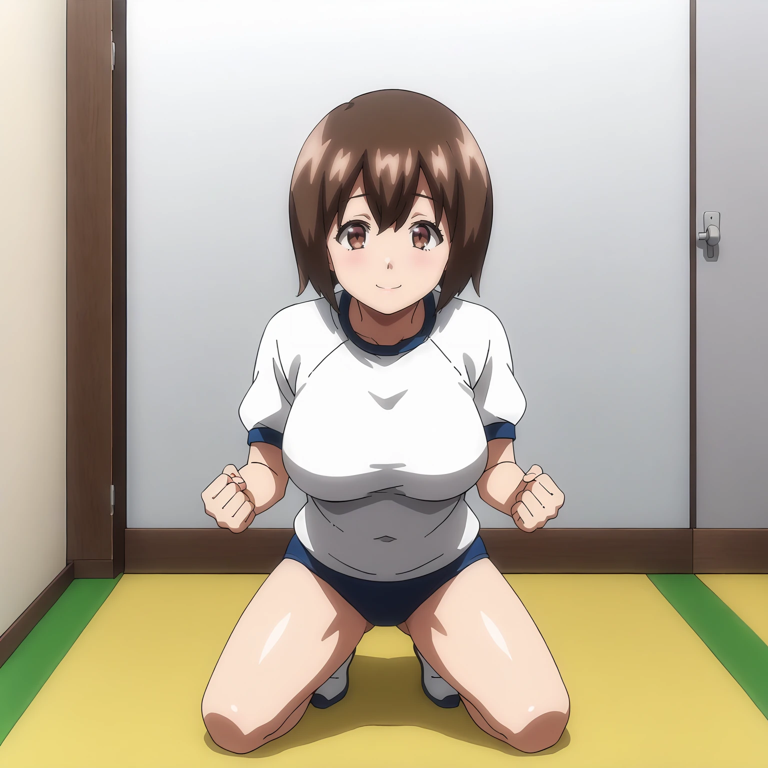 <lora:KomusumeXLpony001>,
looking at viewer,smile,
solo,
Komusume,1girl,brown hair,short hair,brown eyes,
large breasts,
gym shirt,white shirt,
buruma,
full body,kneeling,