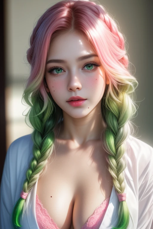 (masterpiece, best quality, ultra realistic,32k,RAW photo, 8k uhd, dslr, high quality, film grain:1.5),
1girl,solo,long hair,breasts,looking at viewer,blush,bangs,cleavage,medium breasts,green eyes,jacket,upper body,pink hair,braid,multicolored hair,japanese clothes,green hair,open clothes,signature,mole,twin braids,lips,mole under eye,gradient hair,