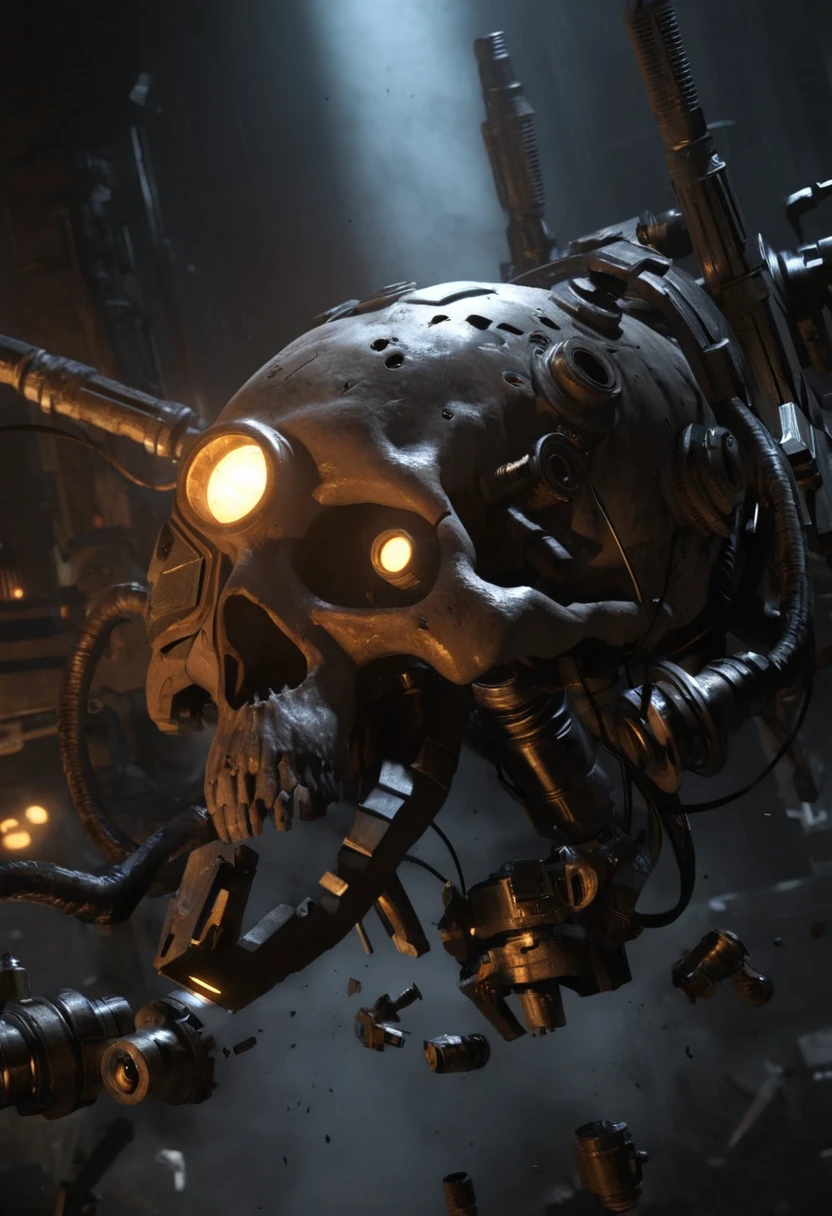 A 3D render of a servo-skull, floating, mechanical parts, Complex lighting, grimdark, detailed background, blue eyes, glowing, gritty, malfunction, 
Unreal Engine 5 Render, extremely detailed, global illumination, dynamic scene, detailed textures, ray tracing, 
 <lora:Servo-Skull:1>