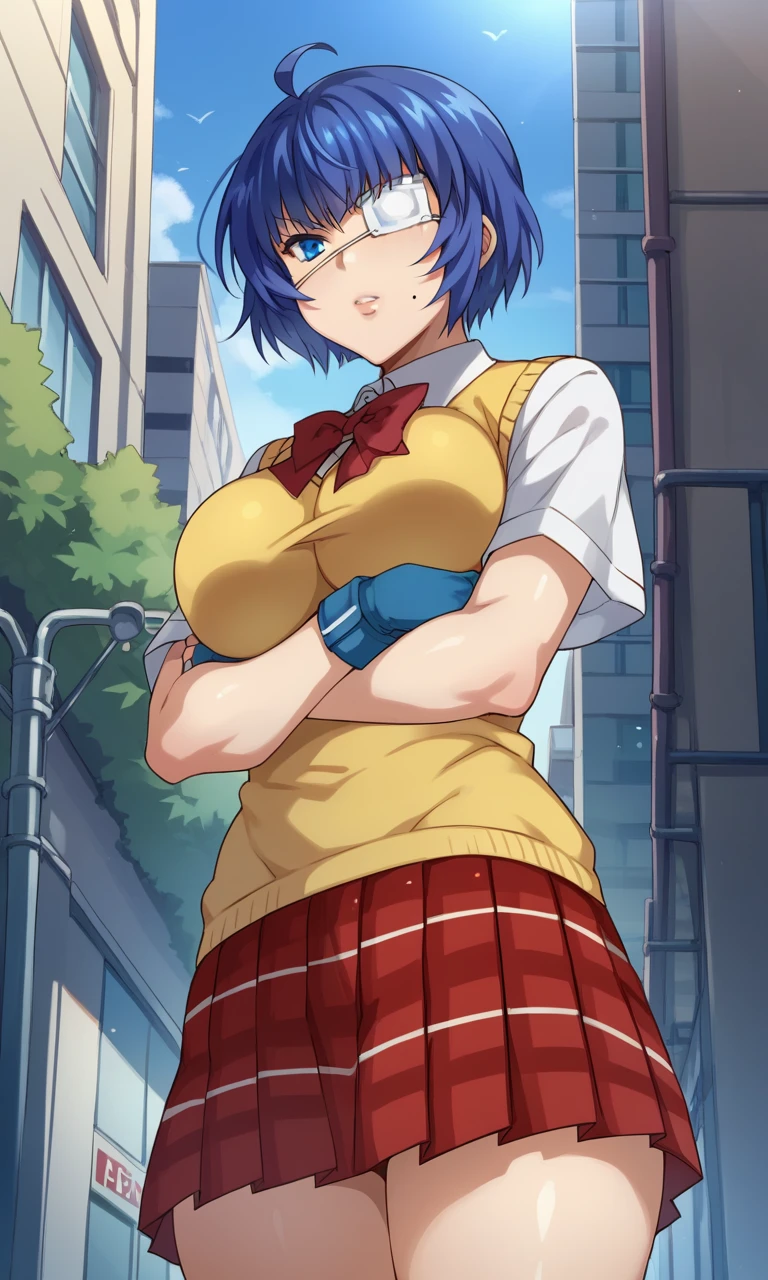 score_9, score_8_up, score_7_up,  source_anime, mizuryu_key,  <lora:ryomou_shimei:1> ryomoxl, short hair, ahoge, blue hair, medical eyepatch, one mole under mouth, blue eyes, large breasts, school uniform, yellow sweater vest, collared shirt, white shirt, short sleeves, miniskirt, red skirt, pleated skirt, plaid skirt, blue gloves, fingerless gloves, outdoors, cross arms, looking down, from below, leaves, street, serious, standing,