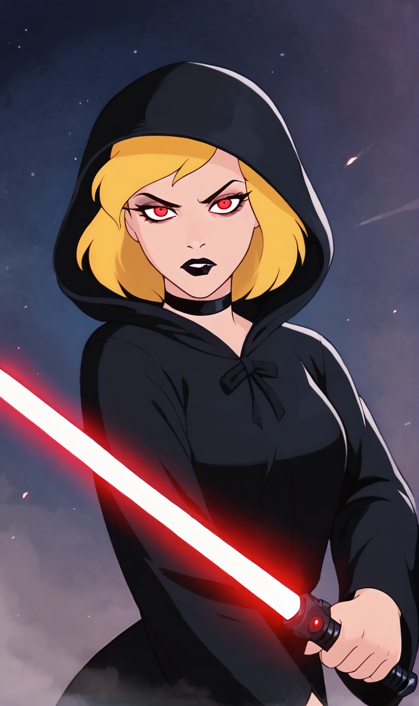 CI, 1girl, solo, score_9, score_8_up, score_7_up, blonde, sith outfit, black hooded robe, red eyes, sith eyes, holding red lightsaber, dark theme, combat pose, space, <lora:Cinderella Pony XL:0.6>