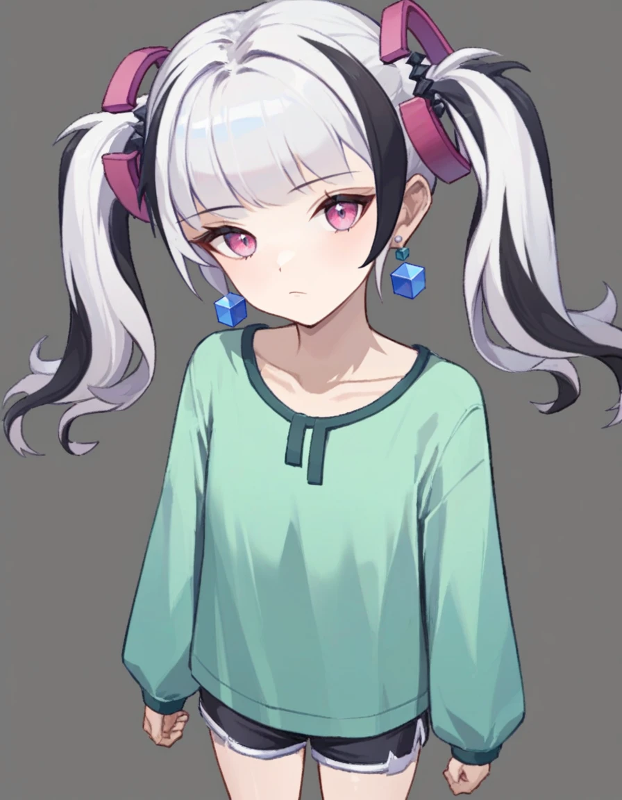 score_9,score_8_up,score_7_up,green pajamas,bored,looking at viewer,
<lora:wang_pony2:0.9>,wang snowbreak,1girl,solo,twintails,multicolored hair,jewelry,earrings,black hair,long hair,white hair,bangs,pink eyes,blue eyes,streaked hair,micro_shorts,full_shot,