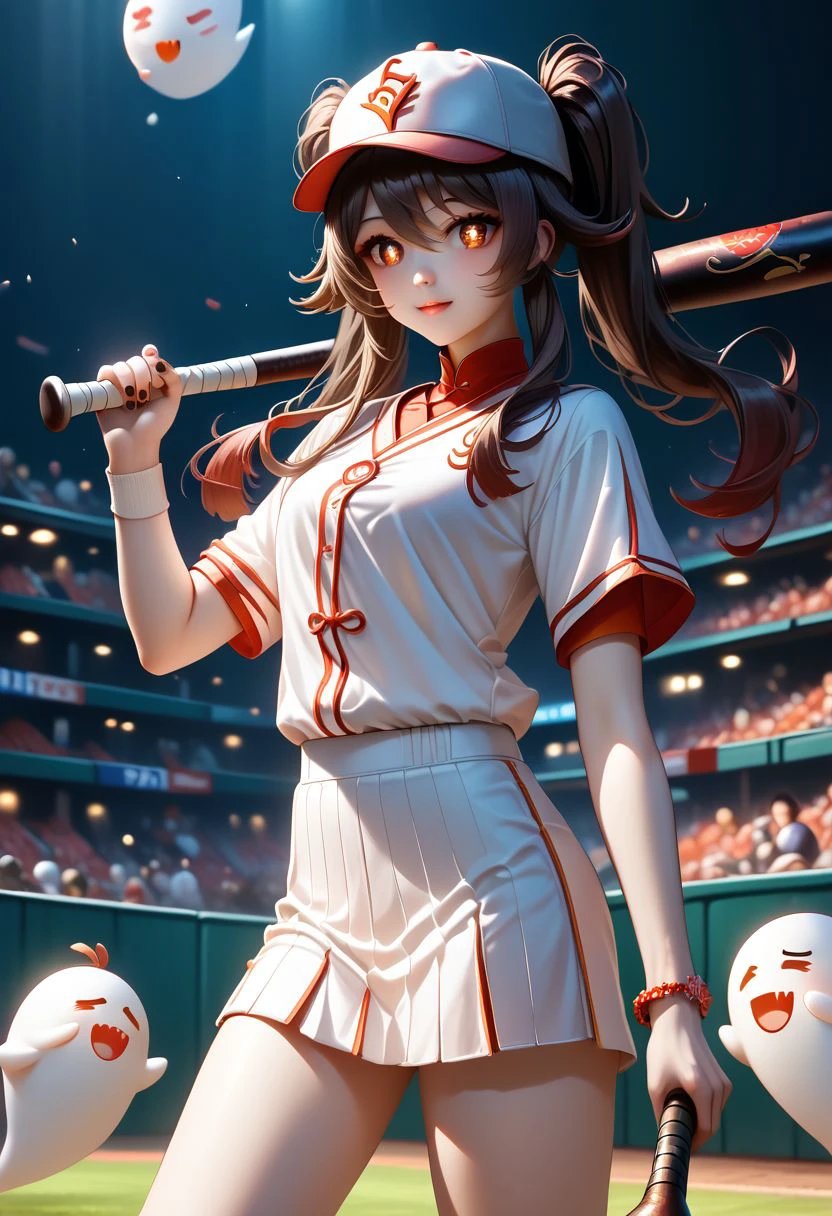 EnD_Niji_Sports, source_anime,  hu tao (genshin impact)playing baseball, brown hair,  :d, nail polish, bracelet, symbol-shaped pupils,  twin tails, baseball cap, sportswear, white sports skirt, baseball bat, baseball, baseball uniform, holding baseball bat, boo tao (genshin impact)  BREAK PonyXLV6_Scores