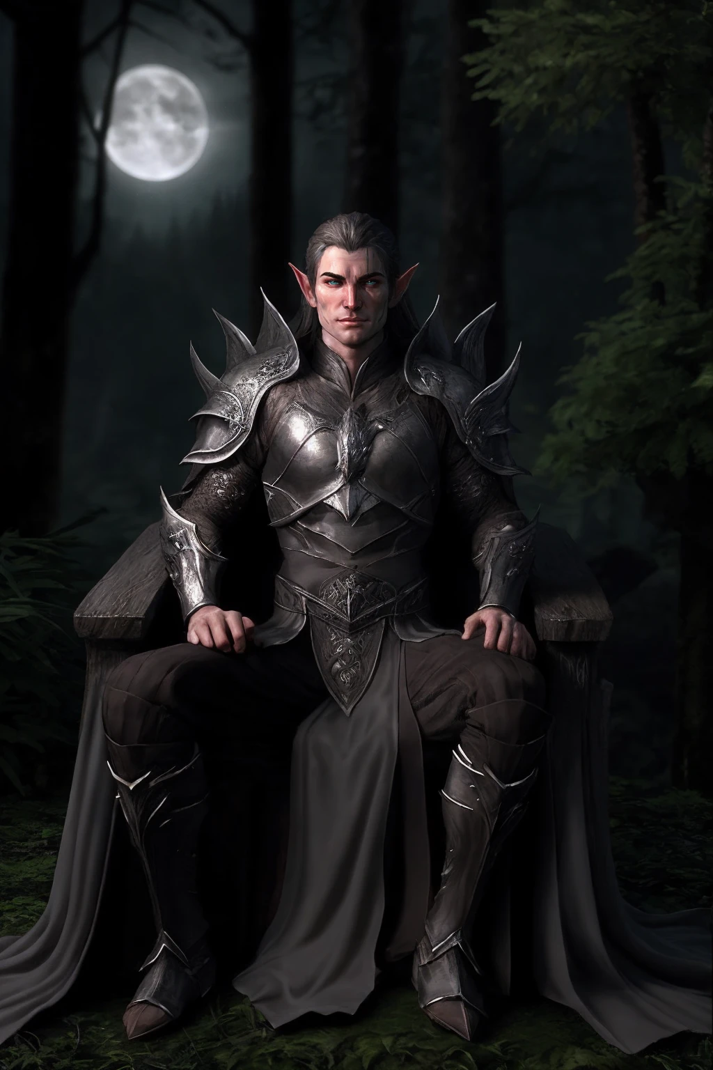 male focus, vadimperson <lora:Vadim_epoch_5:0.8> wearing dark elf armor <lora:ElvenArmor:0.5> ElAr, sitting on a throne in a forest, moody lighting, night, moonlight, smirk