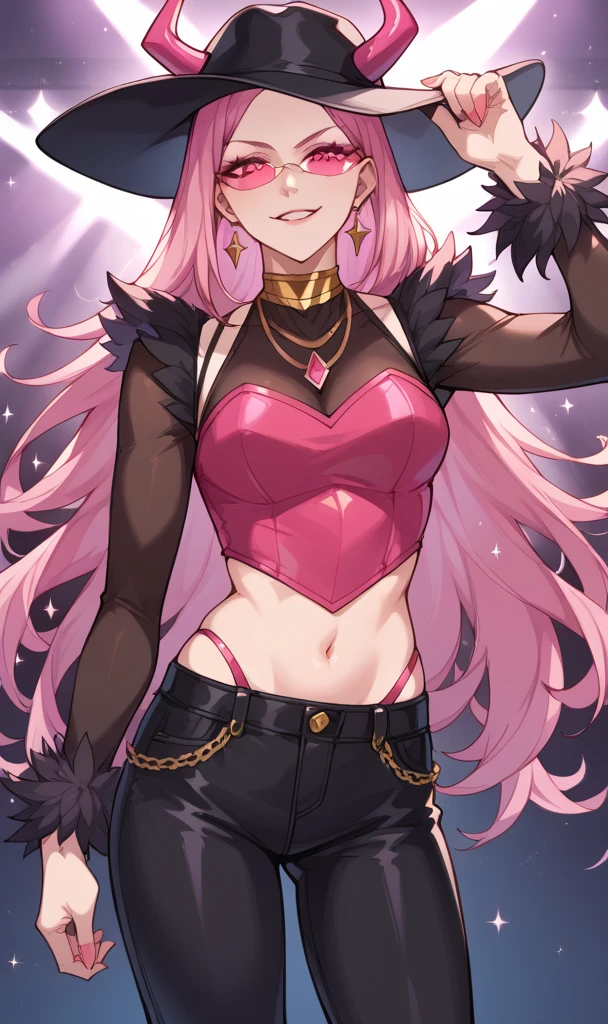 score_9, score_8_up, score_7_up, score_6_up, source_anime, BREAK masterpiece, HazeHarp, pink hair, hat, tinted eyewear, horns through headwear, feather trim, long sleeves, pink bustier, gold choker,black see-through shirt, smirk, stage lights, looking at viewer, holding headwear, holding hat, parted lips, cowboy shot, black hat,  navel, black pants,