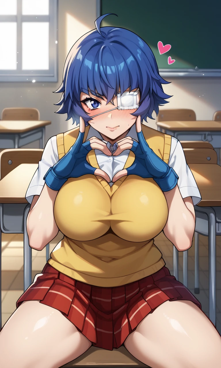 score_9, score_8_up, score_7_up,  source_anime, osiimi, <lora:ryomou_shimei:1> ryomoxl, short hair, ahoge, blue hair, medical eyepatch, one mole under mouth, blue eyes, large breasts, school uniform, yellow sweater vest, collared shirt, white shirt, short sleeves, miniskirt, red skirt, pleated skirt, plaid skirt, blue gloves, fingerless gloves, sitting, nose blush, heart hands, classroom, looking at viewer, eyes down, nervous sweating,