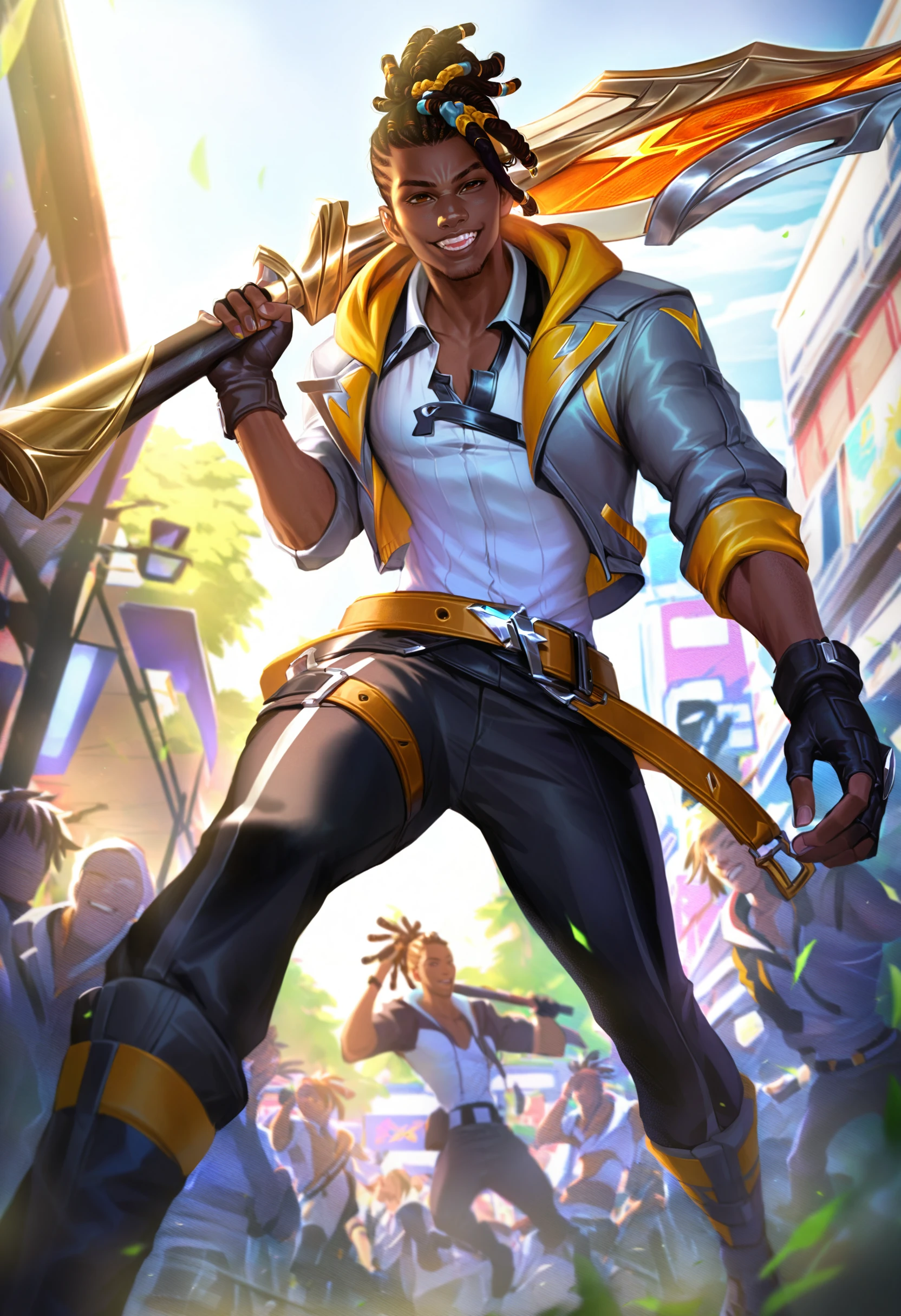 masterpiece, best quality, dreadlocks, jacket, pants, gloves, fingerless gloves, holding, weapon, open jacket, dark skin, male focus, open clothes, belt, shirt, multiple boys, holding weapon, black gloves, 1boy, smile, black hair, over shoulder, official alternate costume, dark-skinned male, weapon over shoulder, outdoors, solo focus, white shirt, teeth, hood 
 <lora:lolXLlokr4f-000174:0.95>