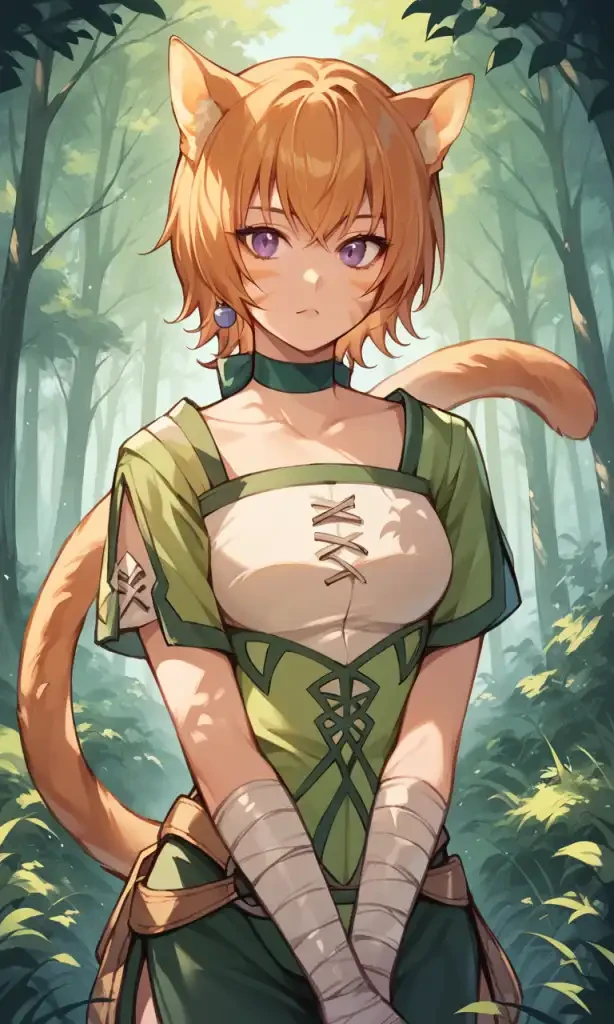 score_9, score_8_up, score_7_up, source anime, 1girl, solo, Lethe, purple eyes, cat ears, cat tail, whisker markings, forest,