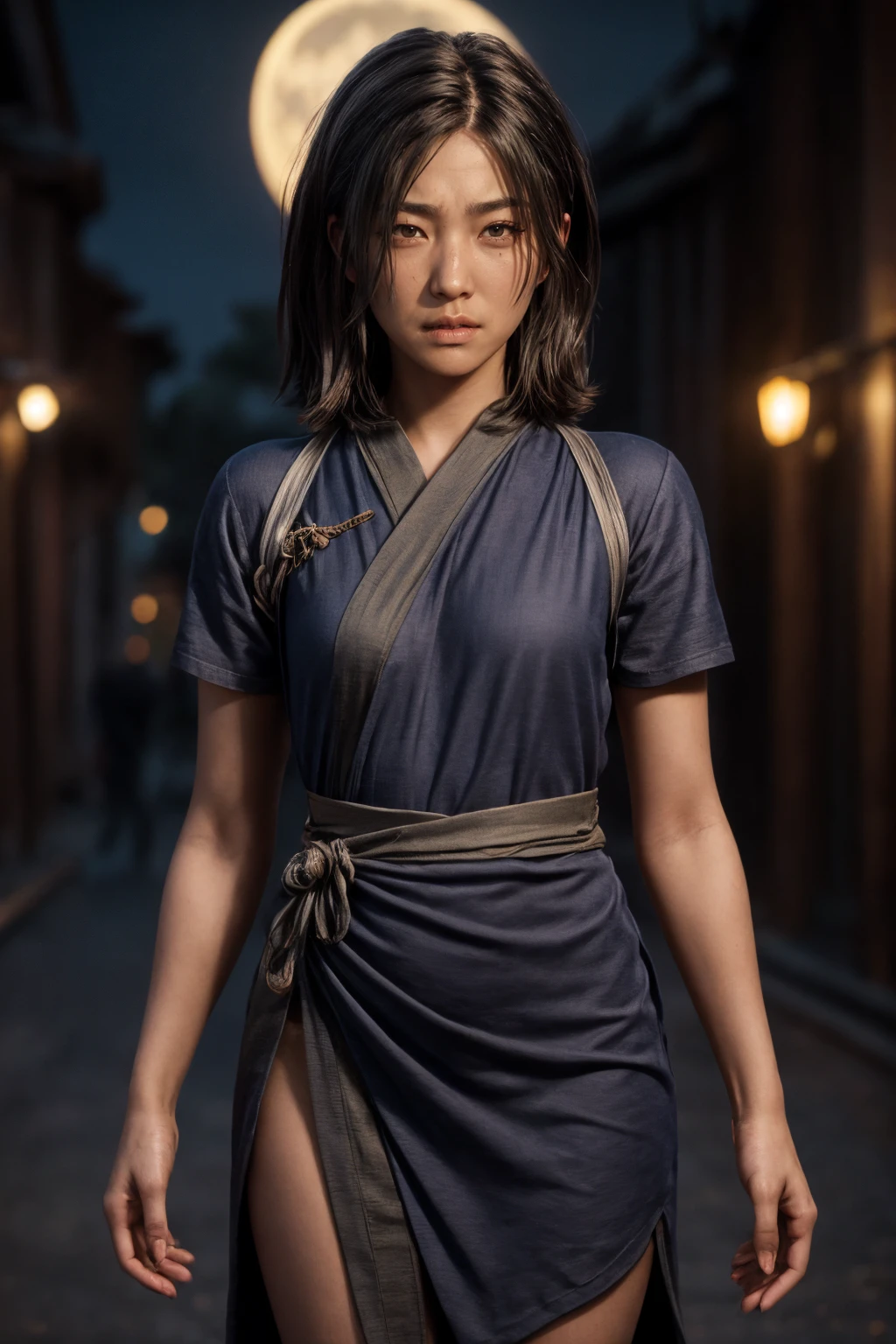 a professional portrait of Naoe, seductive, short black hair,Studio photography, corridor, night, crescent moon, anal object insertion, flowing dress, expressionless,  sexy, erotic, partially naked, fit body, (ultra detailed skin:1.3), (perfect eyes), (photorealistic:1.2),8k, dslr, (bokeh), ultra high res, 1girl  <lora:add_detail:1> <lora:Naoe_ACShadows:0.8>