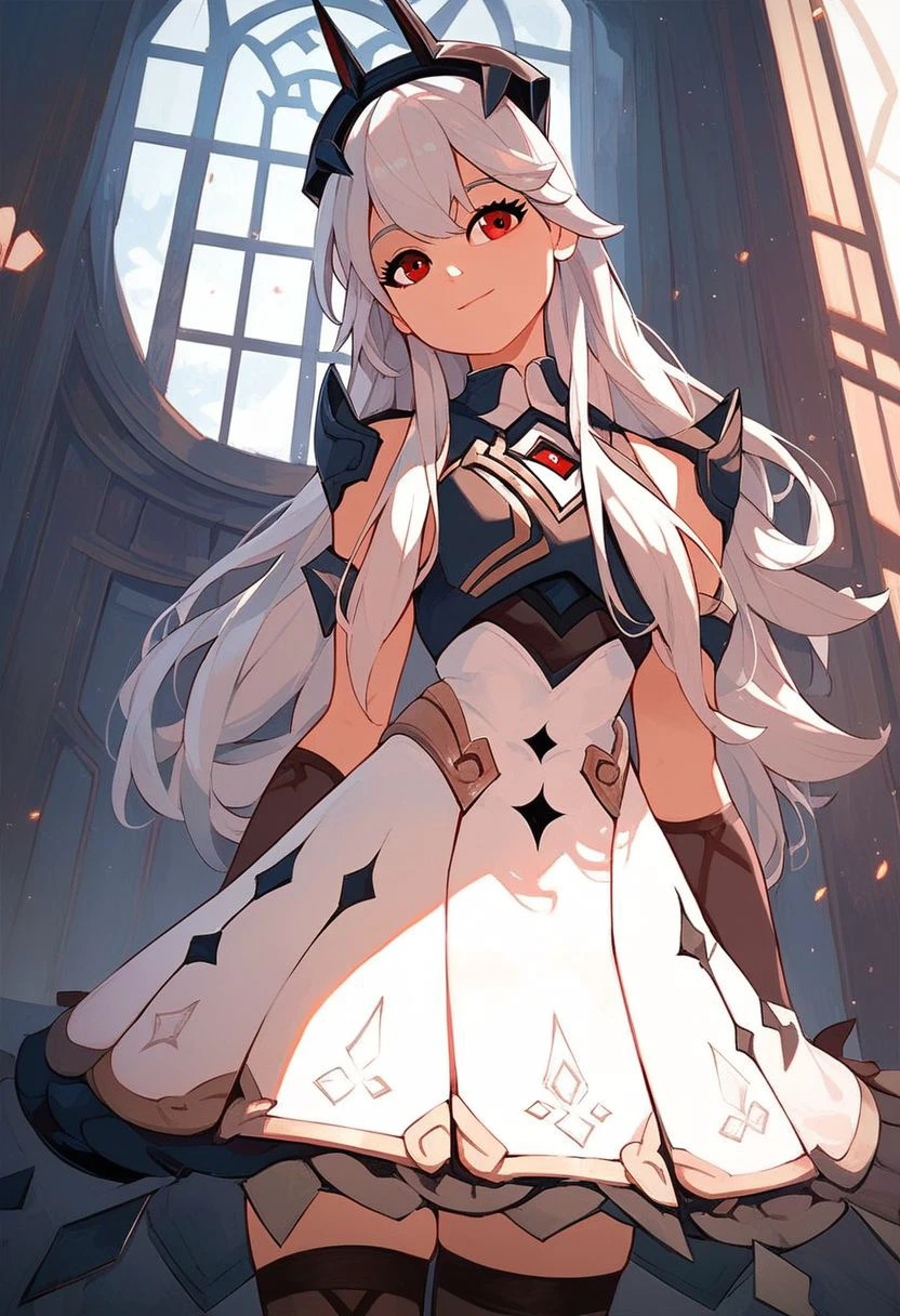 Beautiful. high quality, 1Girl, solo, white hair, long hair, Red eyes, white dress, skirt, black thighhighs, black crown, gloves
zettai ryouiki, score_9, score_8_up, score_7_up, anime_source, light smile, looking to viewer