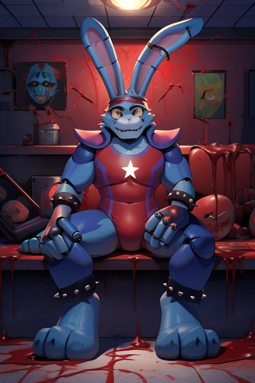 <lora:glambon-06:1> glambon, robot, ,, rabbit ears, furry, solo, star (symbol), jewelry, spiked bracelet, fingerless gloves, headband, blue skin, red swimsuit, navy shoulder pads, blue fur, extremely detailed background, 8k, dark room, horror room, gore, sitting in dark, covered in blood,