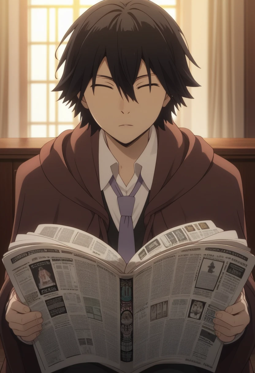 score_9, score_8_up, score_7_up, score_6_up, highly detailed, masterpiece, best quality,detailed,intricate details, amazing quality, best aesthetic, absurdres,source_anime,
ranpo edogawa, black hair, 1boy, male focus, solo, necktie, blue necktie, shirt, cloak, closed eyes, newspaper, indoor<lora:EMS-398896-EMS:1.000000>