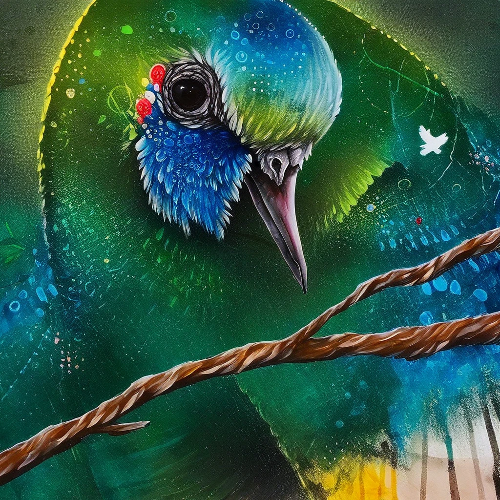 al_pt, acrylic paint (medium), traditional media, surreal, mawcaw, bird,branch, close up